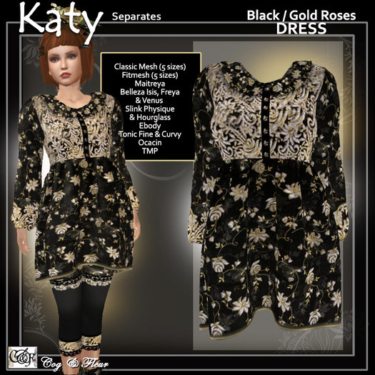 C&F Katy Separates - Doll Koller Dress - Black Gold Roses - Mesh, Fitmesh & Mesh Body Sizes