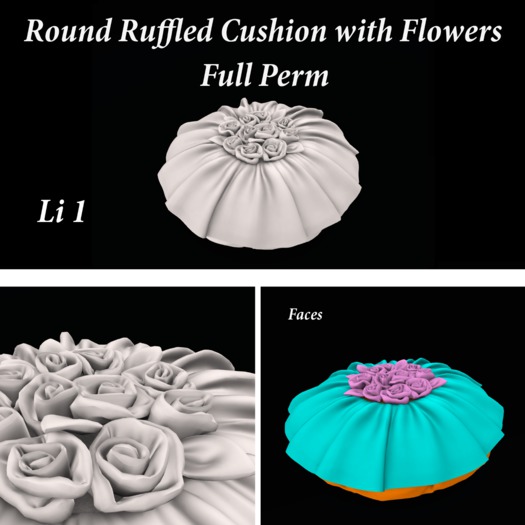 Round Ruffled Cushion w Flowers - Full Perm (box)