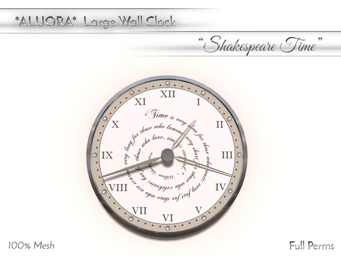 ALUORA Large Wall Clock "Shakespeare Time" - Full Perms