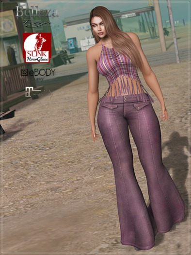 HP Halter Fringe Top & Jeans - Stripes Pink