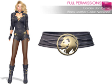 MI963018 Golden Lion Buckle Black Leather Collar Necklace