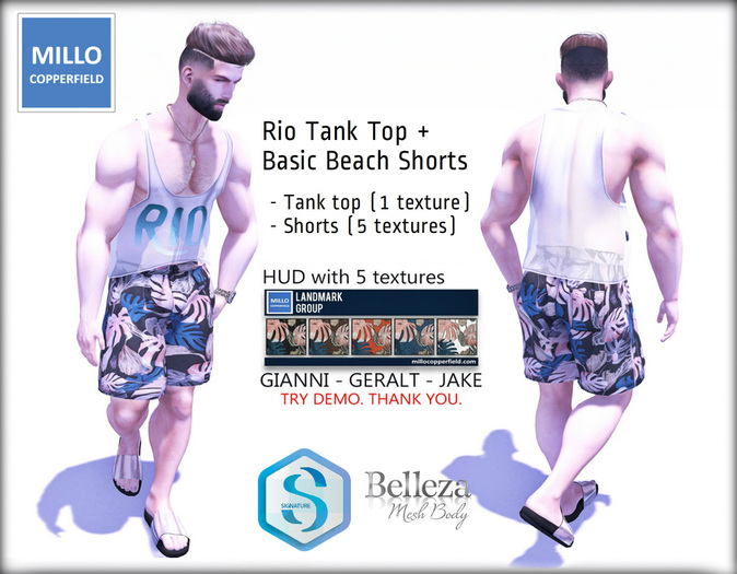 Millo Copperfield - Beach Shorts (5 textures) + Rio Tank Top (1 texture), Gianni + Geralt + Jake