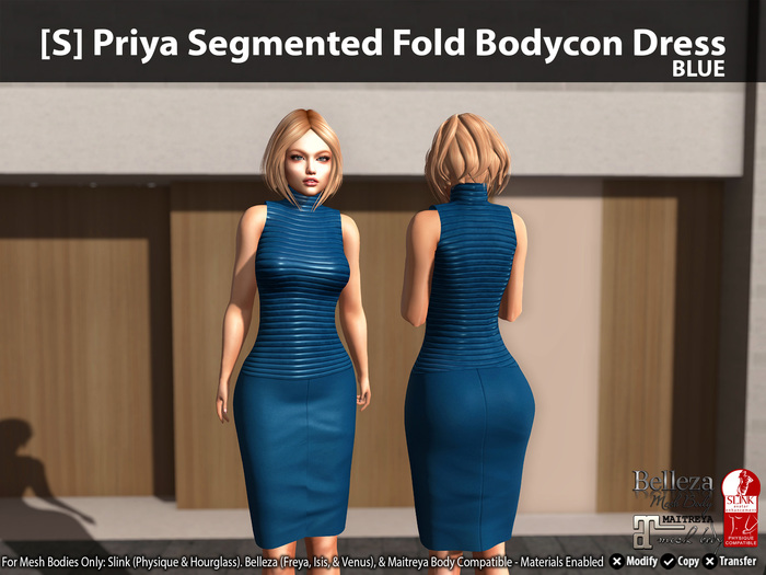 [S] Priya Segmented Fold Bodycon Dress Blue
