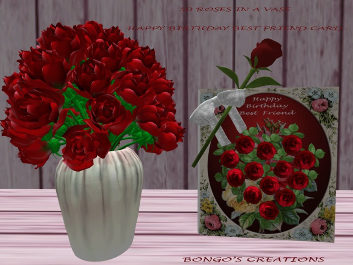 BMC120.. 50 ROSES IN A VASE & A HAPPY BIRTHDAY BEST FRIEND CARD.