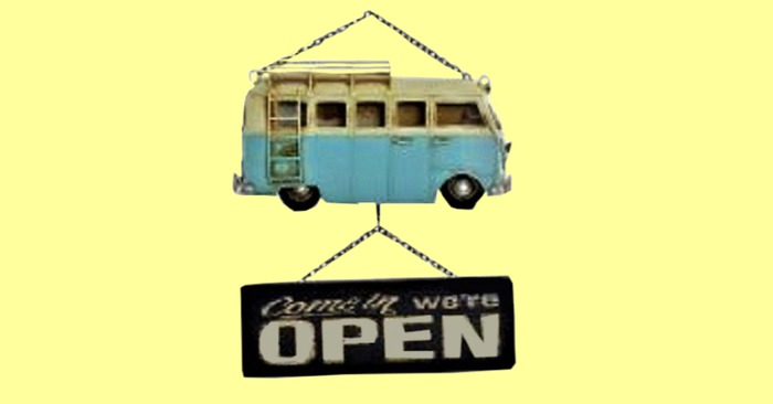 HOME HANGING WALL ART "Blue VW Bus We're OPEN Sign" Wood Craft Painted Decor Alpha Cut-Out Hang Anywhere on 1 prim C/M
