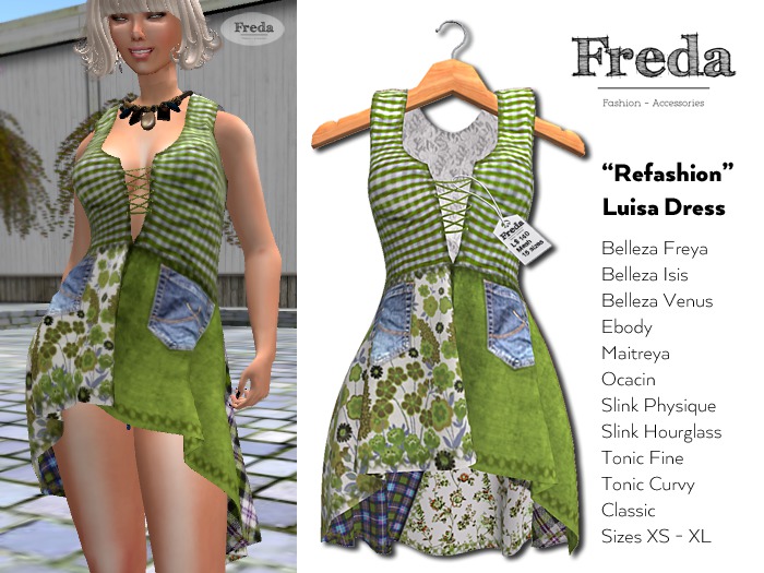 "Freda" Luisa "Refashion" Lace up Tunic Dress with irregular hem green white, for Maitreya, Belleza, Slink, Classic