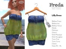 "Freda" Lilly Dress, sexy little spring summer balloon dress, blue jeans and green printed soft sheer chiffon, mesh