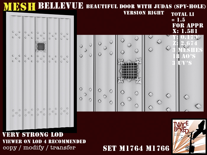 "TB" Bellevue series gorgeous old door with judas (spy-hole/ peek hole version right M1764 M1766