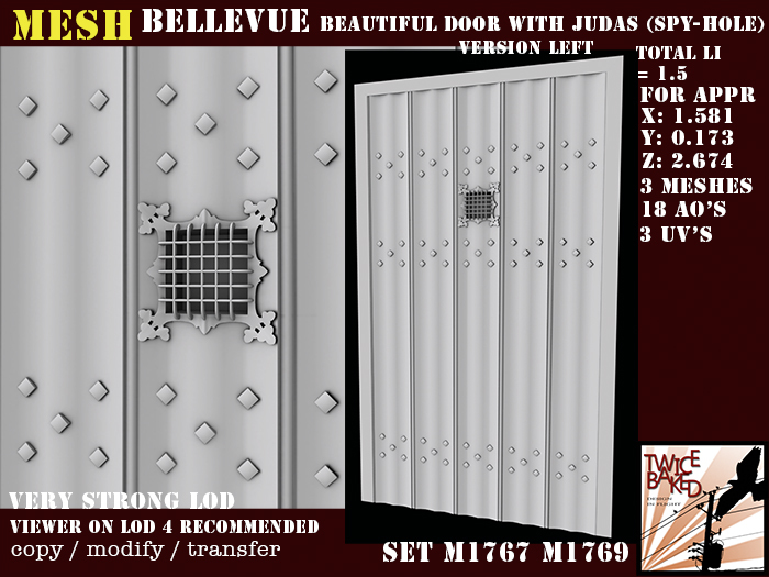 "TB" Bellevue series gorgeous old door with judas (spy-hole/peek-hole) version left M1767 M1769