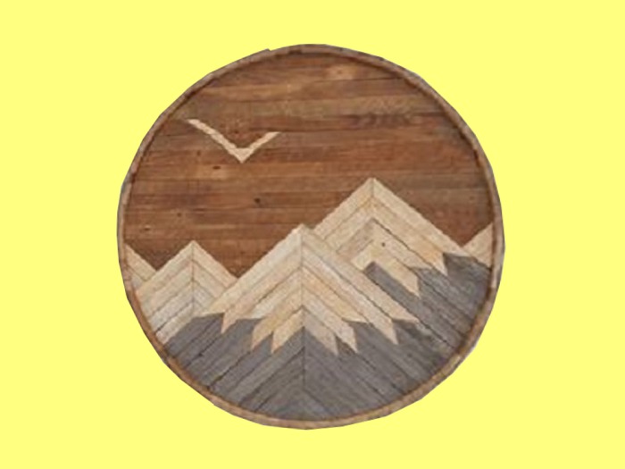HOME ART CRAFT Hanging Wall DECOR "Reclaimed Wood Round Inlaid Mountains Framed Scene" Home Plaque 3D WALL DECAL 1 Prim