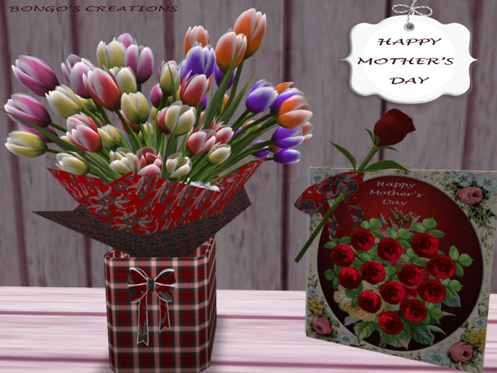BMC130. HAPPY MOTHER'S DAY CARD WITH A PRETTY BOW HOLDING A SINGLE ROSE & A BOUQUET OF MIXED TULIPS.