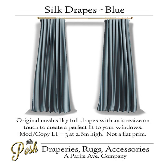 [Posh] Raw Silk Drapes with Rod - Blue