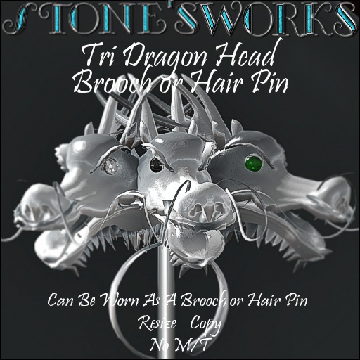 Tri Dragon Head Brooch Pin Stone's Works