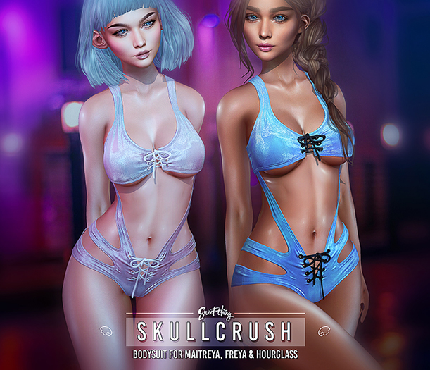 Skullcrush Bodysuit - DEMO by Sweet Thing. Crushed velvet suit for Maitreya, Belleza Freya Perky & Slink Hourglass