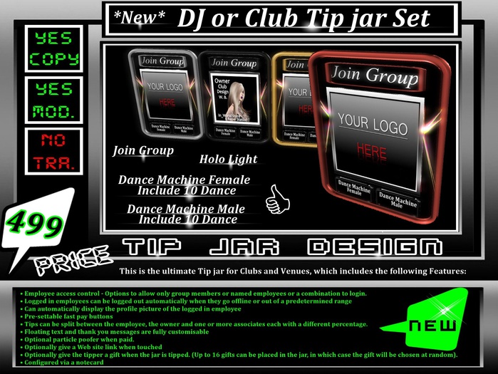 *Tip jar Set* 4 Color * Join Group *Dance Machine Male Female *