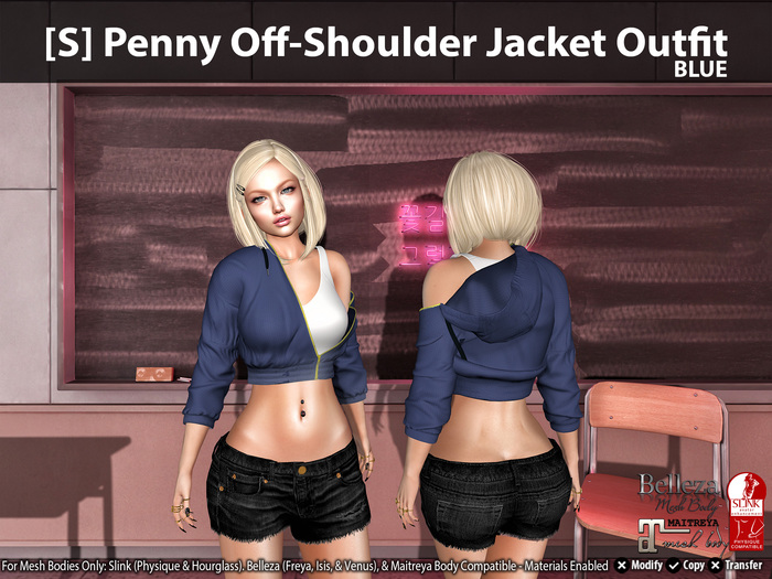 [S] Penny Off-Shoulder Jacket Outfit Blue