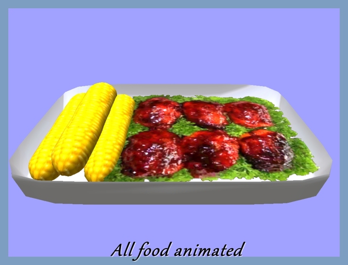 Glazed chicken and sweetcorn, gives animated fork-full of food.