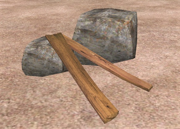 Rocks with broken planks