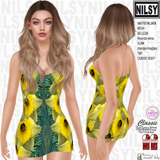 NILSY FLORAL STRAPLESS DRESS,mesh,maitreya,belleza,tmp,slink