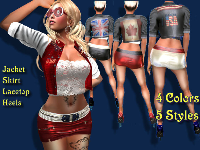 Fireworks ,  4 Th of July, independence Day FLAG Denim Jacket, Skirt,LaceTop, Shoes - Country Pride