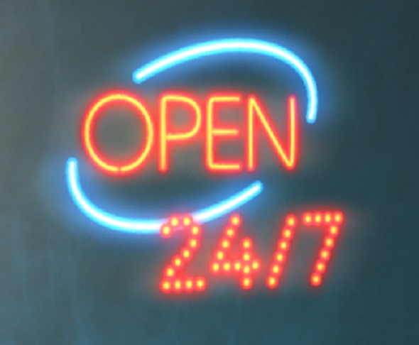 Neon open 24 7 24/7 sign