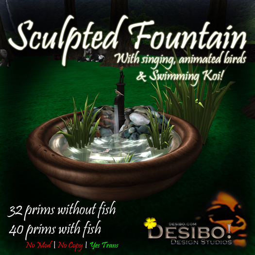 Desibo Birdies on Fountain Over Pool with Koi