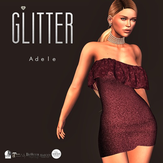 GLITTER Adele Fitmesh Ruffle Dress Wine