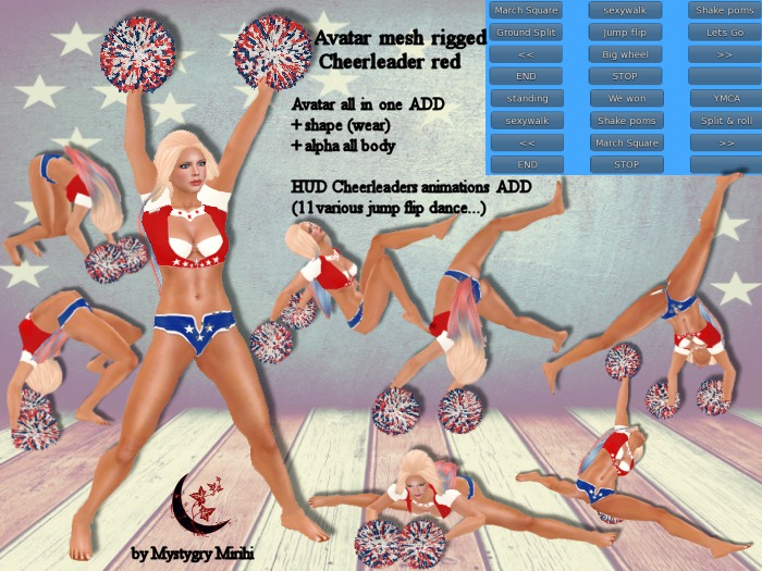 Avatar Cheerleader red mesh rigged + hud 11 animations ,11 animations in the hud big wheel,ground split,roll ...