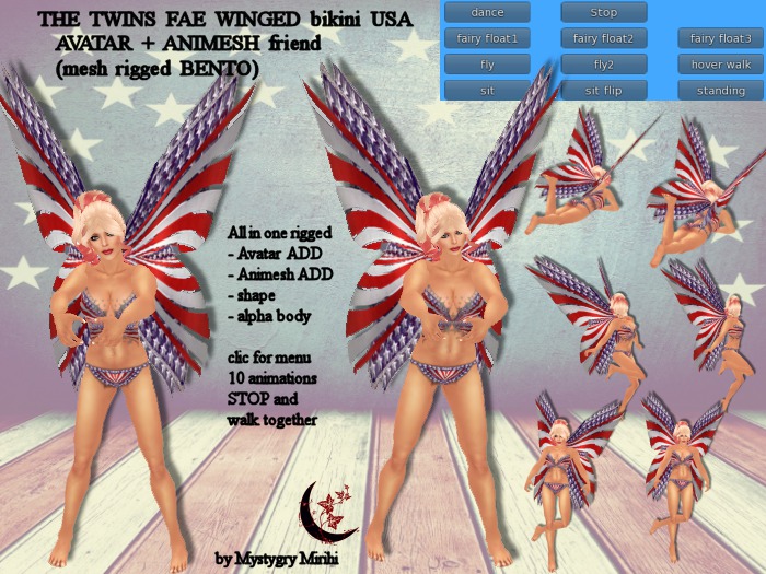 The Twins Fae winged bikini avatar + animesh friend mesh rigged ,10 animations in the menu fly,float,dance ...