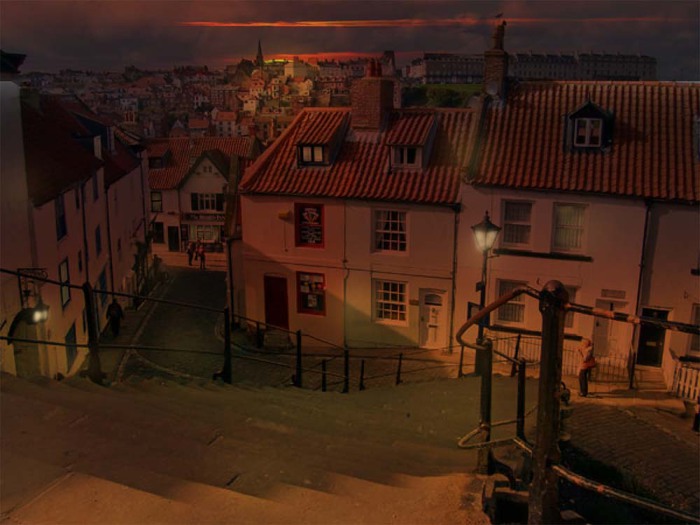 Whitby Steps at night towards jetty