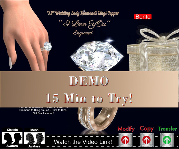 DEMO-LS *AS* Lady 25ct Diamond Rings Copper *I Love You*BOXED