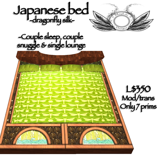 Japanese bed - beautiful shoji design with dragonfly silk cover