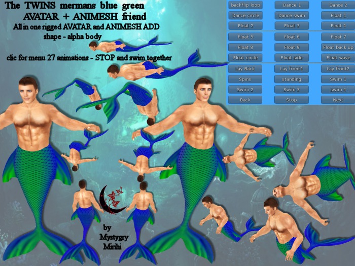 The Twins Merman Avatar + Animesh friend blue green all in one mesh rigged with menu 27 animations ..Move together