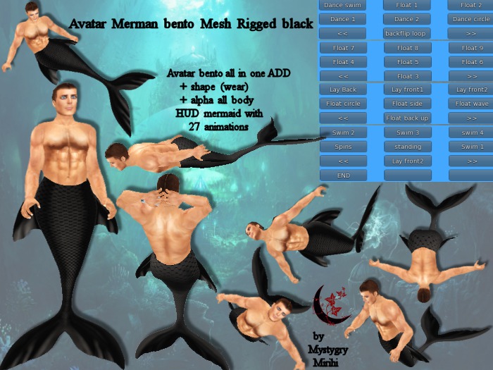 Avatar Merman Bento black all in one mesh rigged with hud menu 27 animations swim,float,dance,lay...