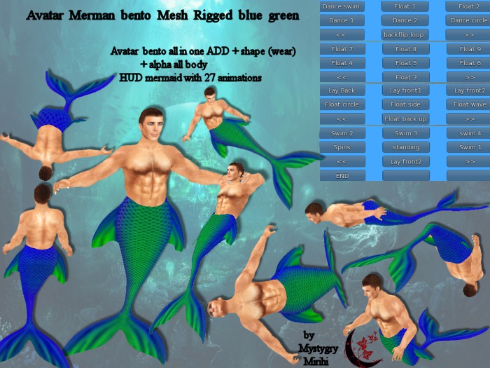Avatar Merman Bento blue green all in one mesh rigged with hud menu 27 animations swim,float,dance,lay...