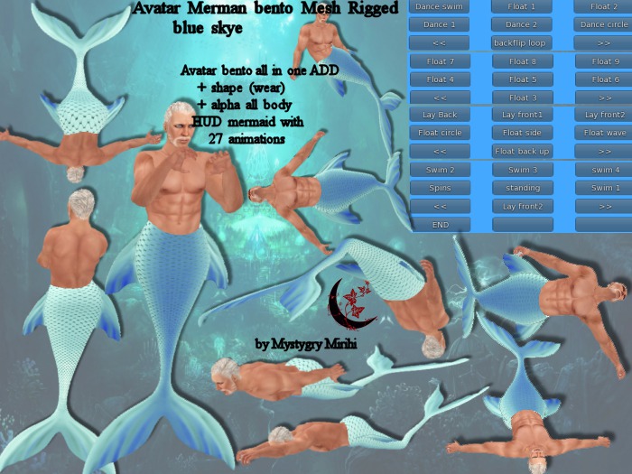 Avatar Merman Bento blue skye all in one mesh rigged with hud menu 27 animations swim,float,dance,lay...