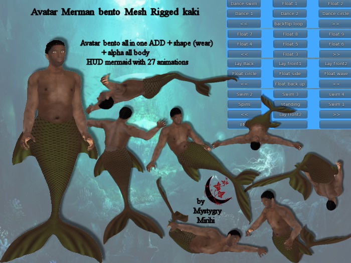 Avatar Merman Bento kaki all in one mesh rigged with hud menu 27 animations swim,float,dance,lay...