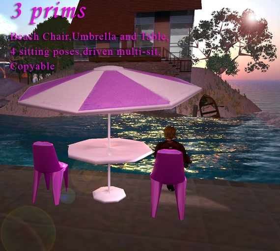 3 Prims Liegestuhl, Sonnenschirm & Tisch  [Rosa]
