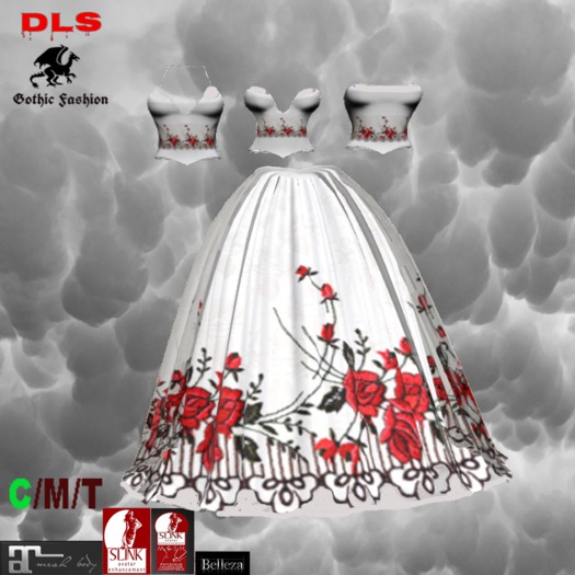 Ballgown 3 tops white red roses  boxed