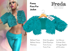 "Freda" Fanny Faux Fur Jacket, short turquoise fluffy hairy bolero, Belleza, Maitreya, SLink Physique, Hourglass, Tonic