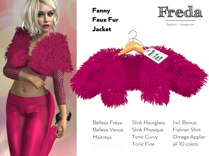 "Freda" Fanny Faux Fur Jacket, short framboise pink hairy bolero, Belleza, Maitreya, SLink Physique, Hourglass, Tonic