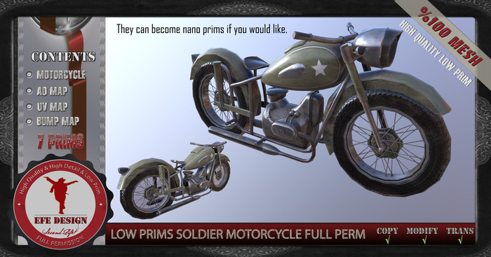 Low Prims Soldier Motorcycle Full Permission ADD