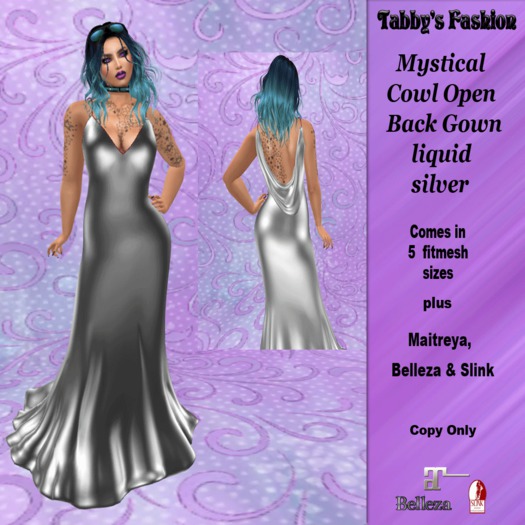 Mystical Cowl Open Back Gown liquid silver