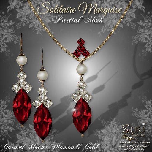 C.Zuri's Solitaire Marquise Set P-Mesh Garnet/Mocha Dia/Gold