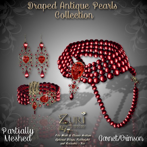 c Zuri Rayna~Draped Antique Pearls Set Crimson/Garnet P-Mesh