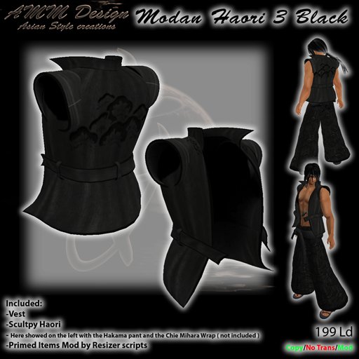 *AMM Design Outfit Modan Haori 3 Black Japanese Samurai Warrior Vest