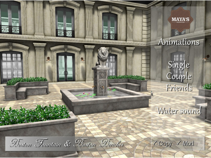 Mayas - Boston Fountain with Stone Benches / Hedge / Animations / Sound / Water Lily
