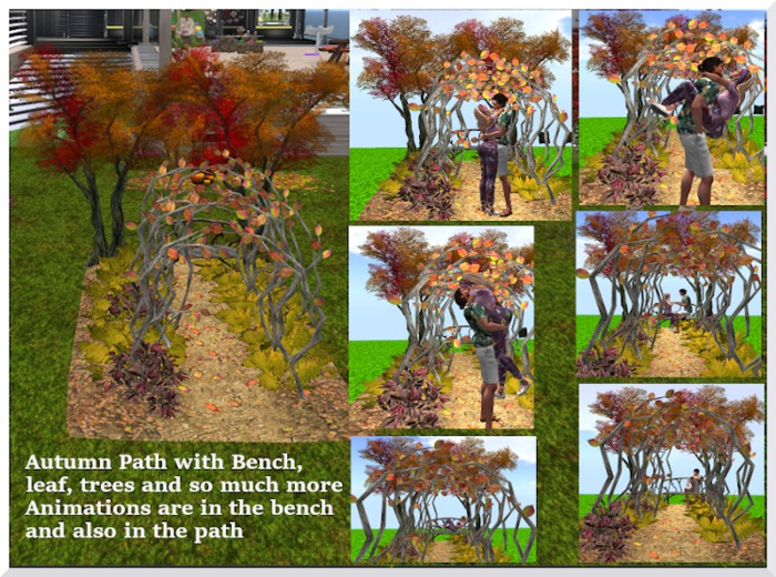 Rustic Bench and path with trees, both w. animations
