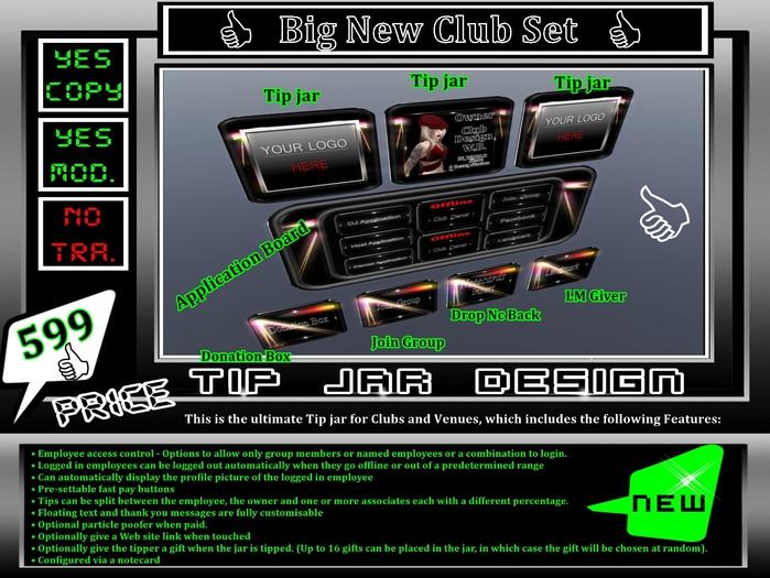 * New * Club Set Pack * Appl. Board Tip jar ect. *