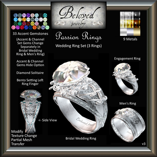 Beloved Jewelry : Passion Engagement Wedding Rings Set-Texture Change (Platinum, Gold, Diamond) 3 Ring Set